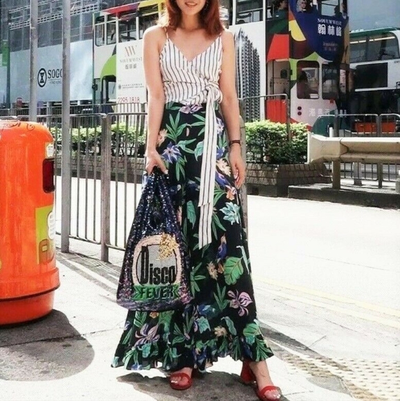 NWT Zara Wide Frill Trousers Tropical floral Print Pants | Black + green; size M - Picture 13 of 13